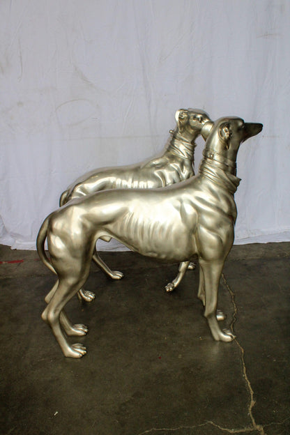 Pair of Greyhound Dogs Bronze Statues, Silver Plated Finish 48" x 12" x 40"H