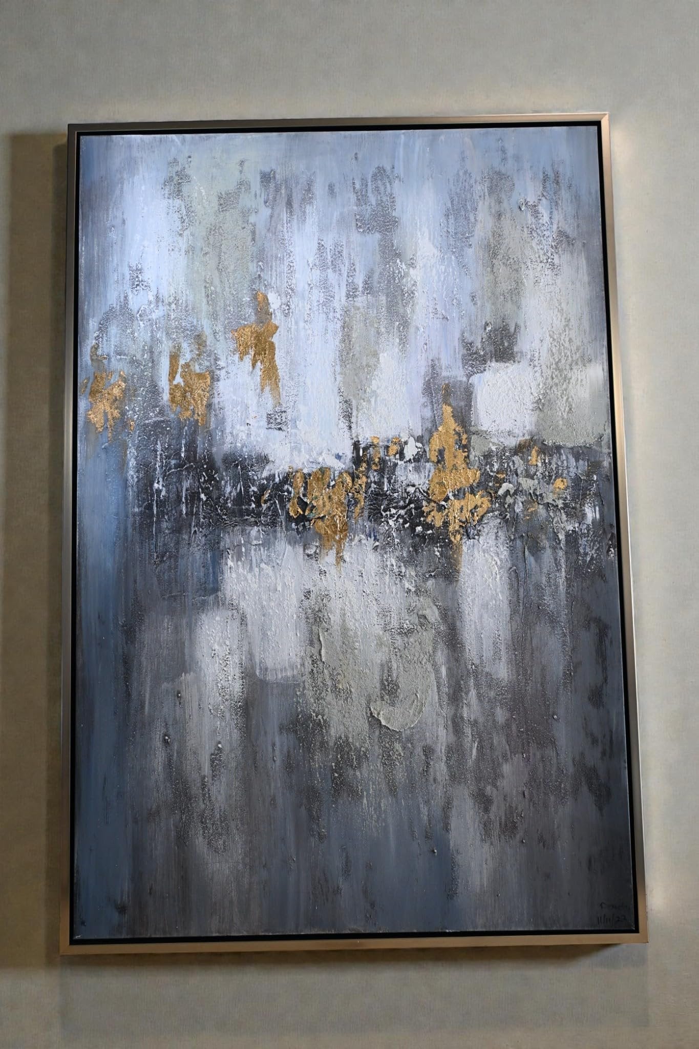 Golden Abstract Canvas Painting Gray Gold Framed Art 61"x41"