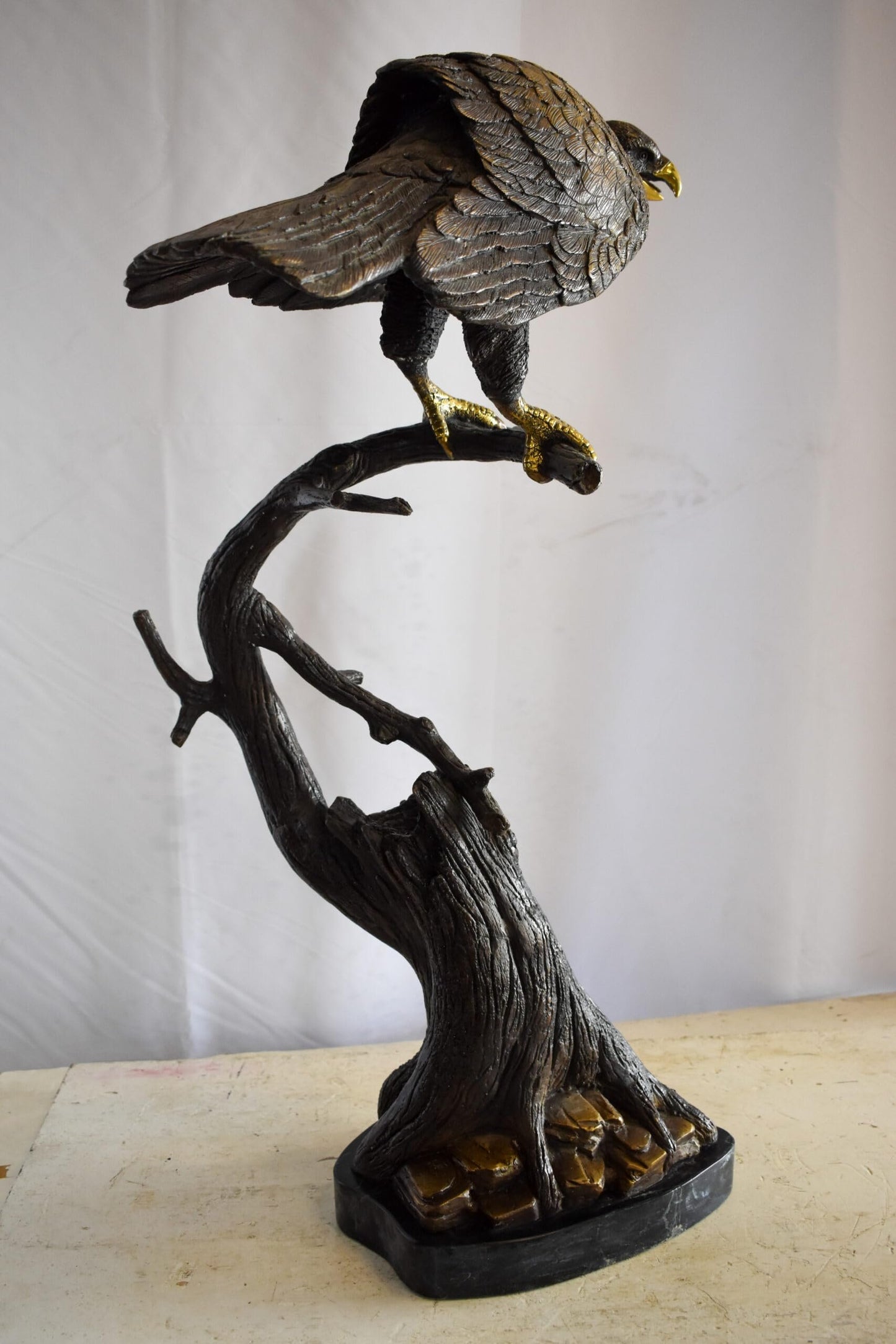 Observant Hawk on Arched Branch Bronze Statue 17" x 19" x 32"H