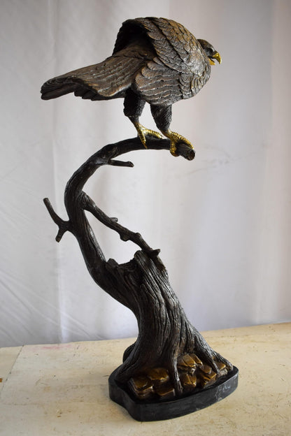 Observant Hawk on Arched Branch Bronze Statue 17" x 19" x 32"H