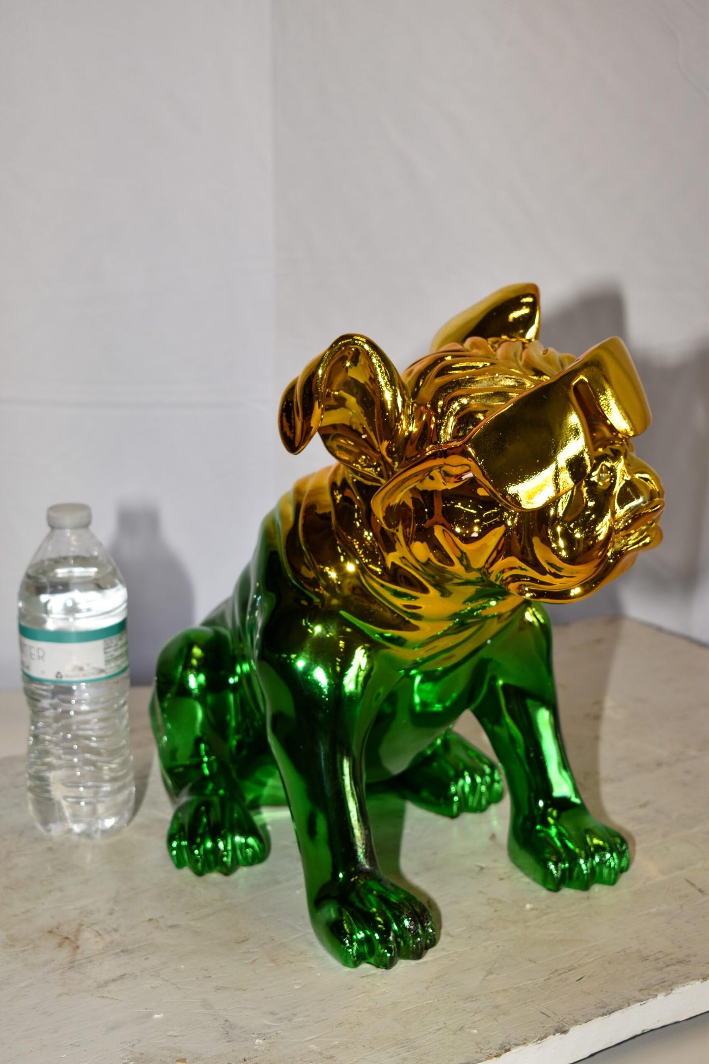 Ombre Green Chrome Bulldog Resin Statue - Pop Art Home Decor, 16"L x 9"W x 13"H