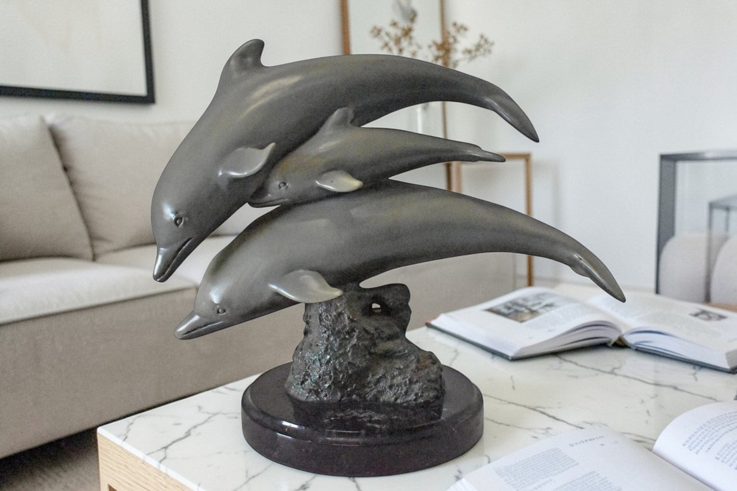 Three Grey Dolphins Swimming Bronze Statue on Marble - Size: 16"L x 9"W x 13"H.