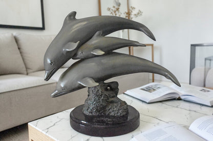 Three Grey Dolphins Swimming Bronze Statue on Marble - Size: 16"L x 9"W x 13"H.
