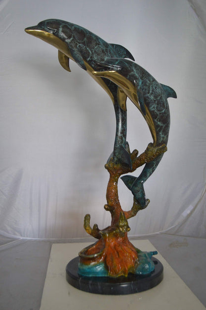 Two Dolphins fountain Bronze Statue on a marble -  Size: 19"L x 15"W x 36"H.