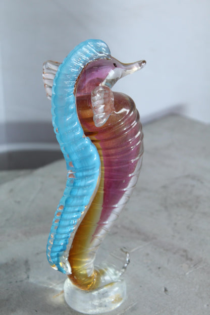 NIFAO Glass Seahorse Figurine Hand Blown Art Glass Coastal Decor 4" x 4" x 10"H