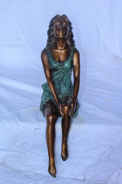 Graceful Young Woman Sitting on the Ledge Bronze Statue 13" x 7" x 23"H