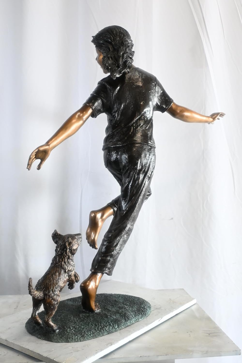 Joyful Barefoot Girl Running with Puppy Bronze Sculpture 49"x16"x51"H