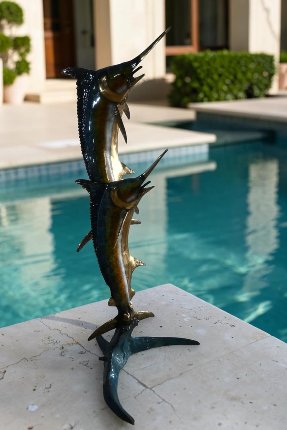 Double Marlin Bronze Garden Fountain Leaping Ocean Waves 42"x31"x74"H