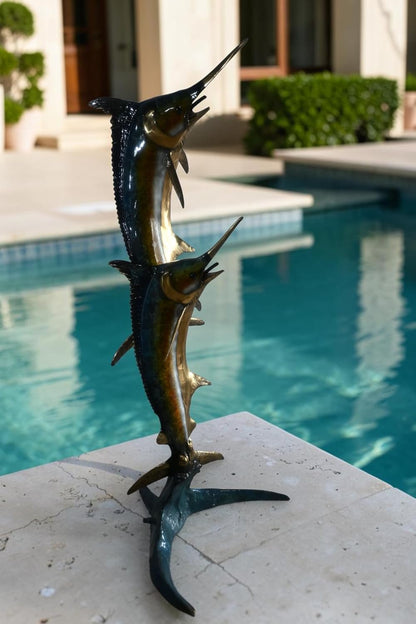 Double Marlin Bronze Garden Fountain Leaping Ocean Waves 42"x31"x74"H