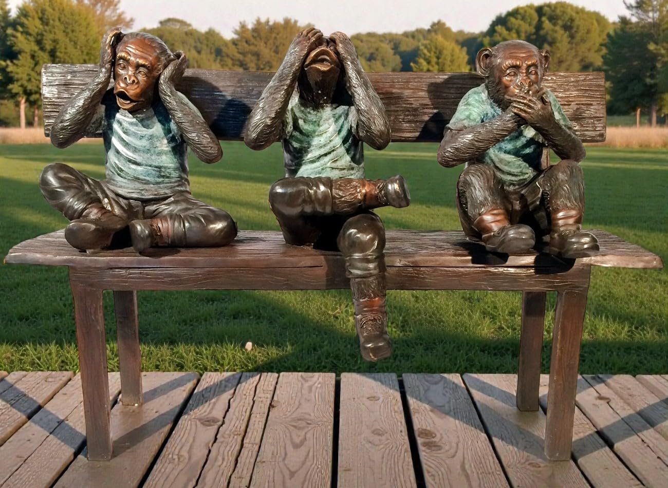 Three Wise Monkeys Bronze Sculpture on Bench Figurine 45"x19"x30"H