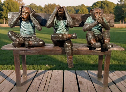Three Wise Monkeys Bronze Sculpture on Bench Figurine 45"x19"x30"H