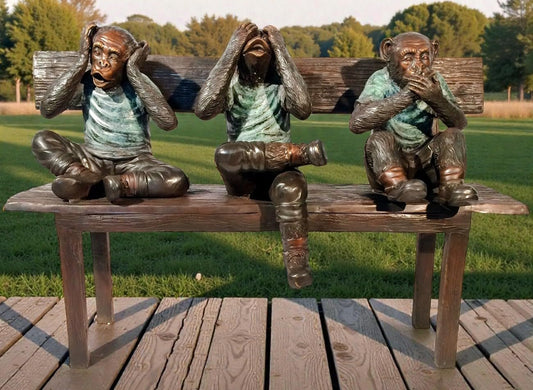 Three Wise Monkeys Bronze Sculpture on Bench Figurine 45"x19"x30"H