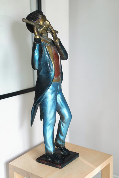 Boy Playing the Flute Bronze Statue -  Size: 5"L x 10"W x 19"H.