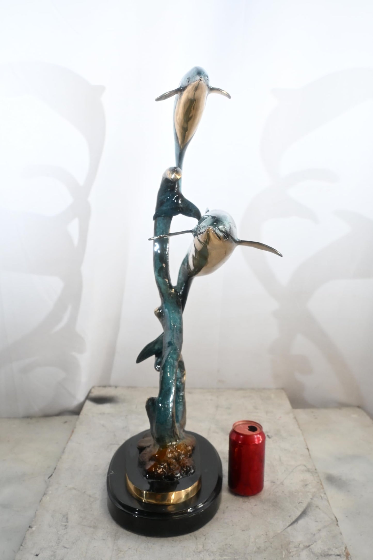 Two Dolphins Bronze Sculpture Spiral Formation 16"x11"x30"H