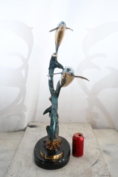 Two Dolphins Bronze Sculpture Spiral Formation 16"x11"x30"H