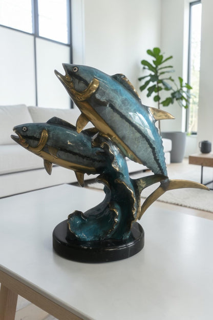 Bronze Dual Tuna Fish Sculpture on Marble Base 24"x16"x21"H