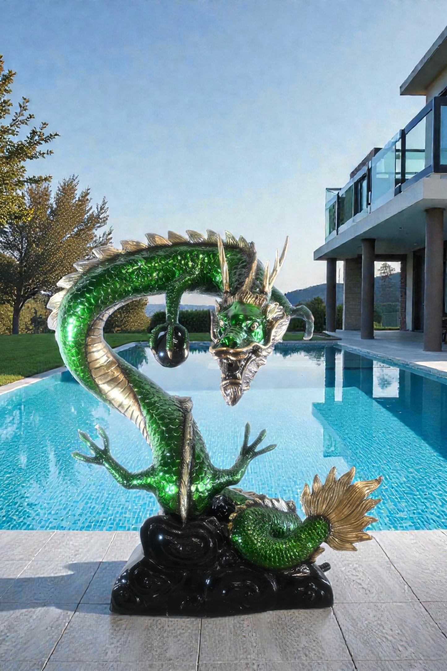 Green Bronze Dragon Fountain Statue with Pearl Sphere 30"x20"x38"H