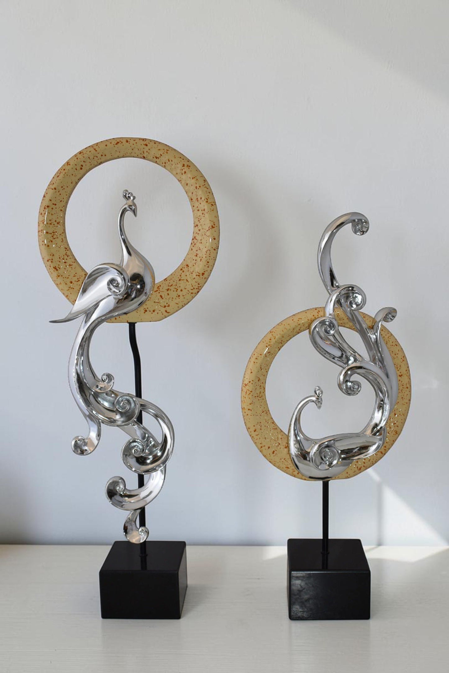 Set of Graceful Silver Finish Peacocks Resin Statue Size: 11" x 6" x 28"H