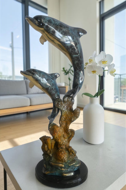 Bronze Dual Leaping Dolphin Sculpture on Marble Base 10"x6"x24"H