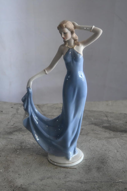 Porcelain Elegant Lady Blue Flowing Gown Dancer Figurine 5"x3"x12"H