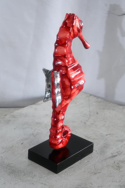 Red Seahorse Figurine on Base Painted Aluminum Sculpture 6"x4"x15"H