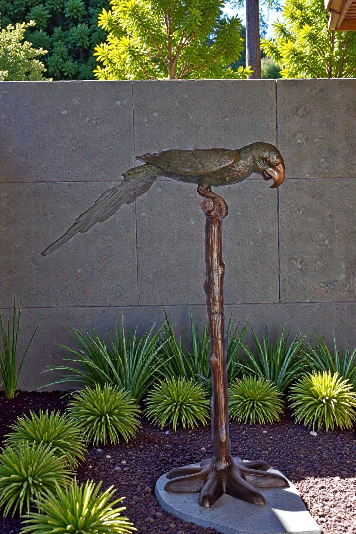 Parrot on a Tree Watching Forward Bronze Statue - Size: 36"L x 15"W x 41"H.