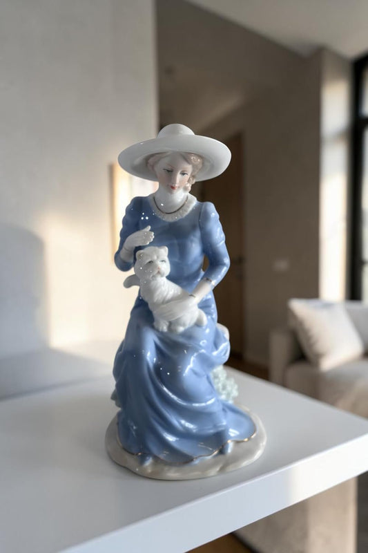 Porcelain Elegant Lady Blue Gown White Hat and White Cat 5"x4"x10"H