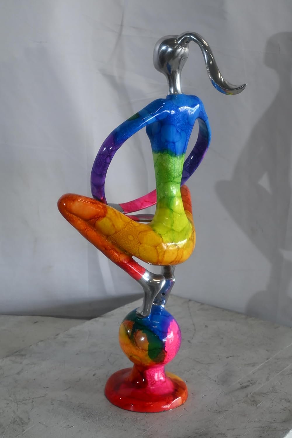 Rainbow Yoga Woman Meditating on Sphere Painted Aluminum 12"x10"x22"H