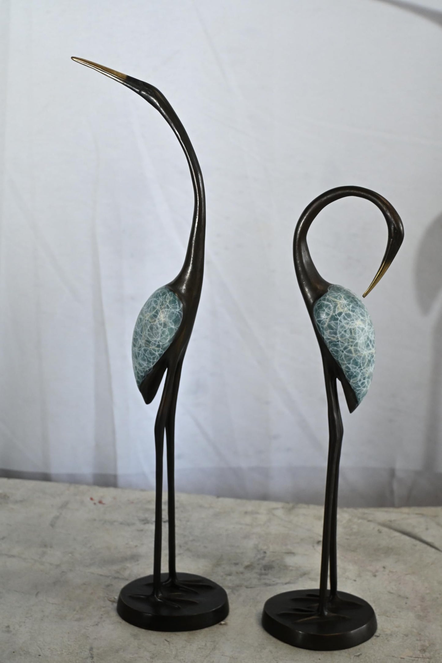 Bronze Crane Pair Statue Set Birds Sculpture Figurines 7"x4"x20"H