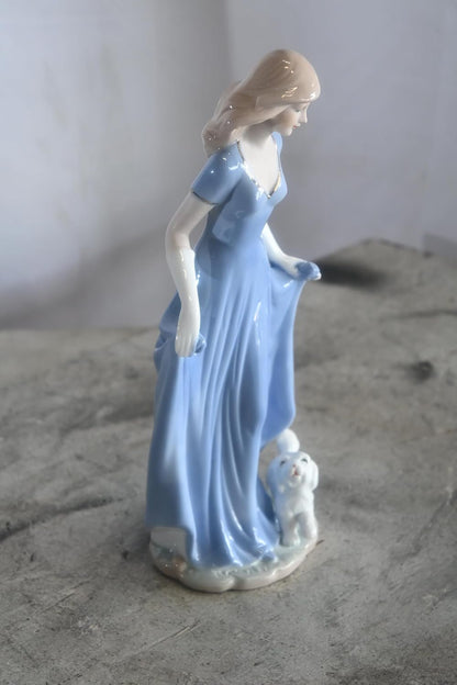 Porcelain Elegant Lady Blue Gown with White Puppy Statue 5"x4"x11"H