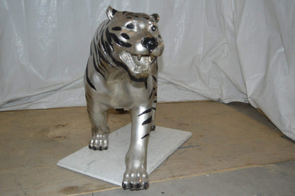 Tiger bronze statue with black and silver finish - Size: 80"L x 15"W x 34"H.