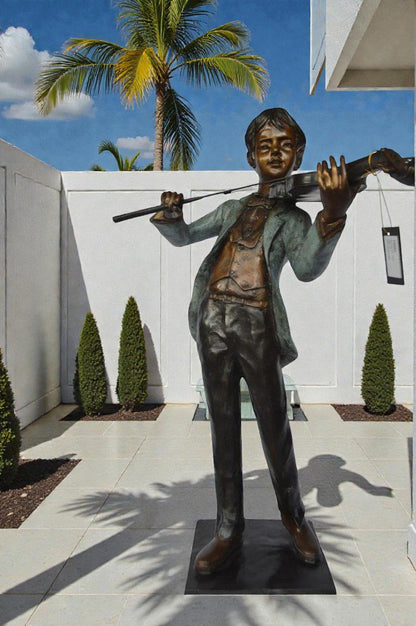 Boy playing violin large bronze statue -  Size: 31"L x 31"W x 50"H.