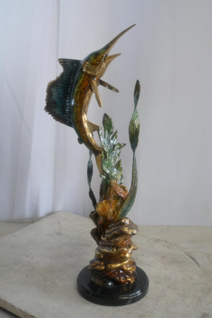 Bronze Sailfish Sculpture on Coral Seaweed Base Marble 11"x7"x24"H