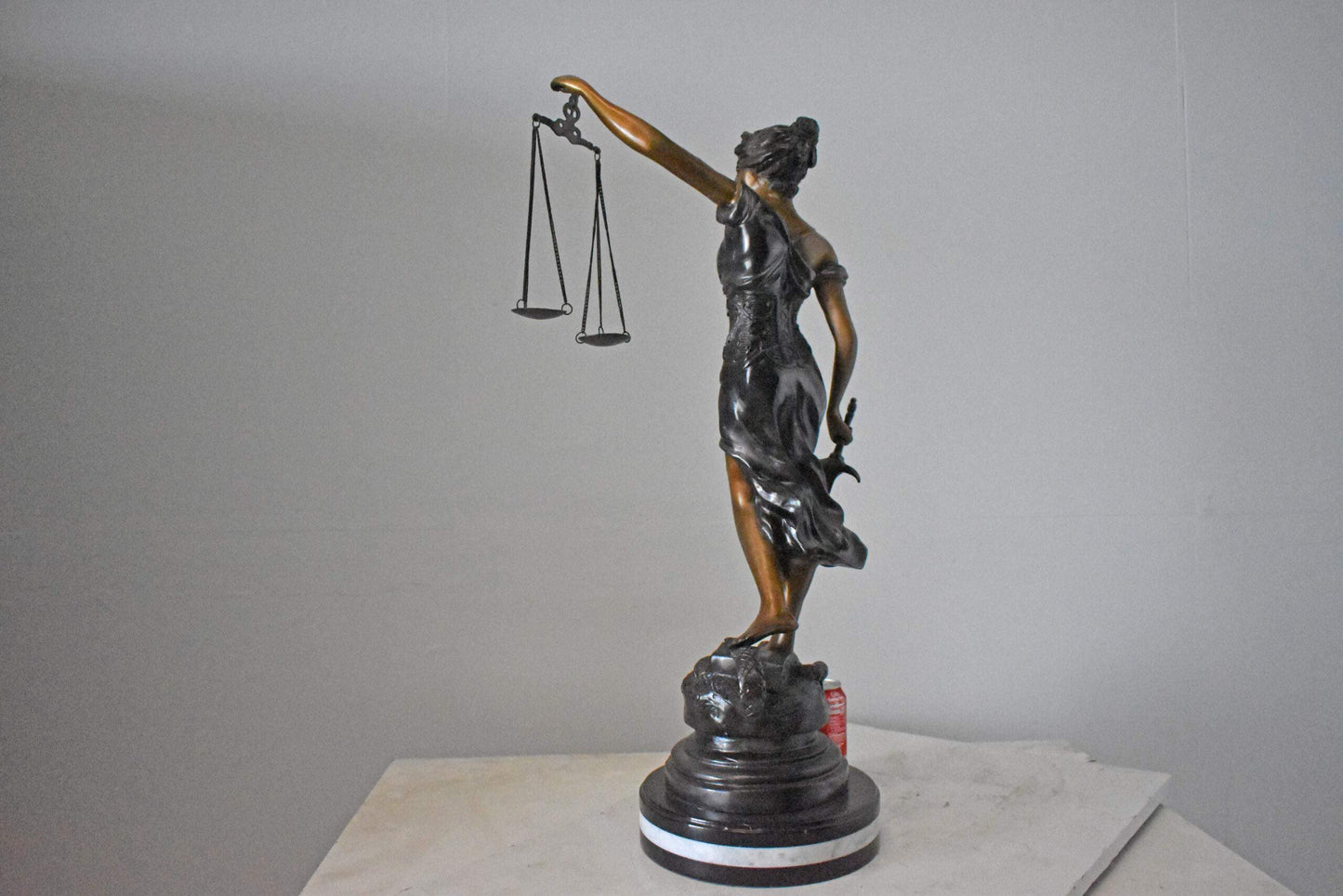Lady Justice bronze statue mounted on a marble - Size: 14"L x 16"W x 32"H.