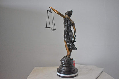 Lady Justice bronze statue mounted on a marble - Size: 14"L x 16"W x 32"H.