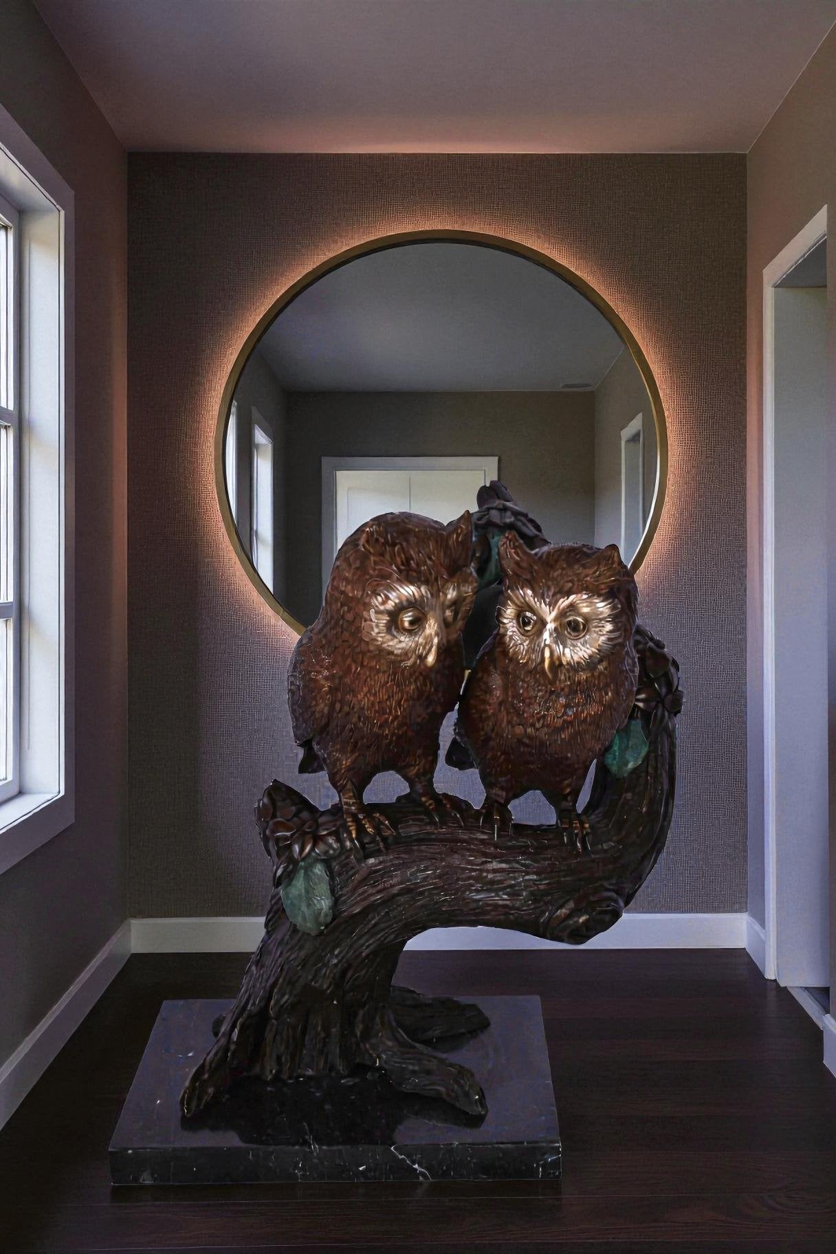 Two Owls on A Tree Trunk Bronze Statue - Size: 11"L x 11"W x 14"H.