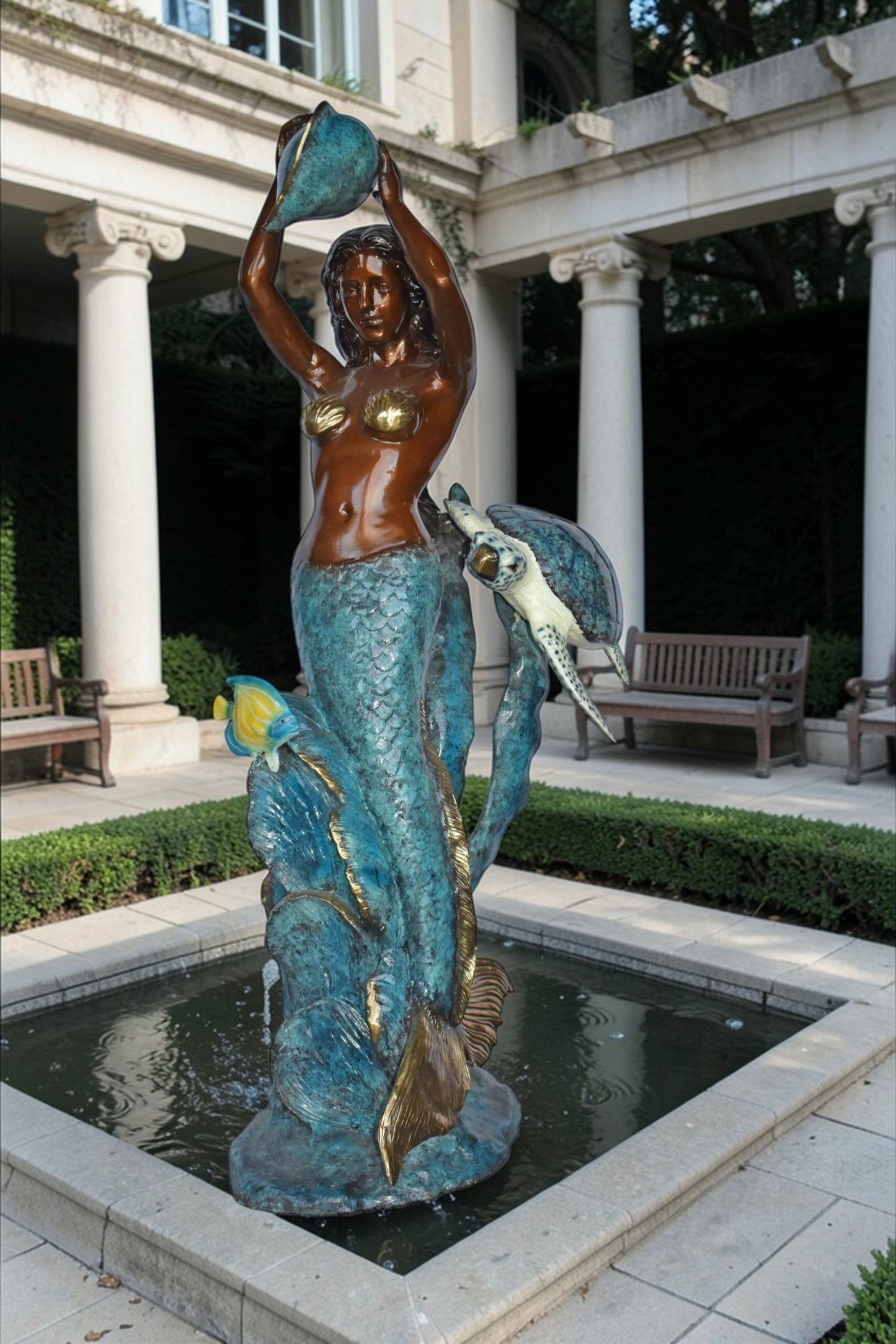 Mermaid Holding a Shell Fountain W Turtle Bronze Statue - Size: 32" x 19" x 60"H