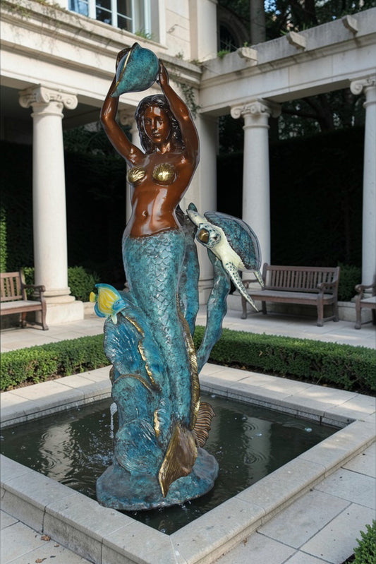 Mermaid Holding a Shell Fountain W Turtle Bronze Statue - Size: 32" x 19" x 60"H