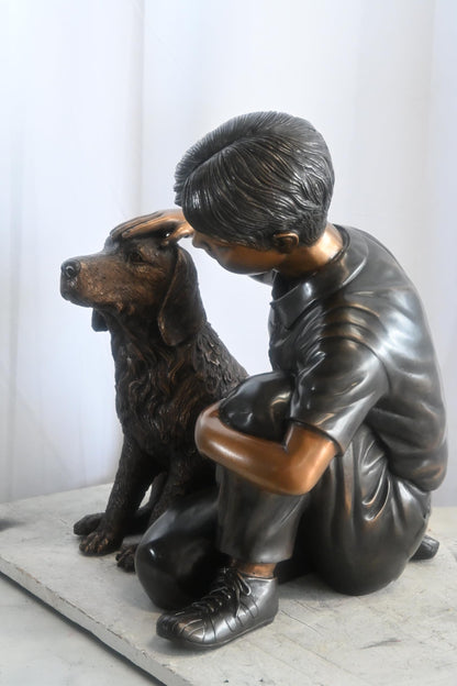 Bronze Boy with Dog Statue Child Petting Puppy Sculpture 21"x18"x23"H