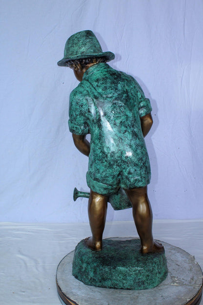Standing Boy with Watering Can Bronze Statue - Size: 15"L x 15"W x 39"H.