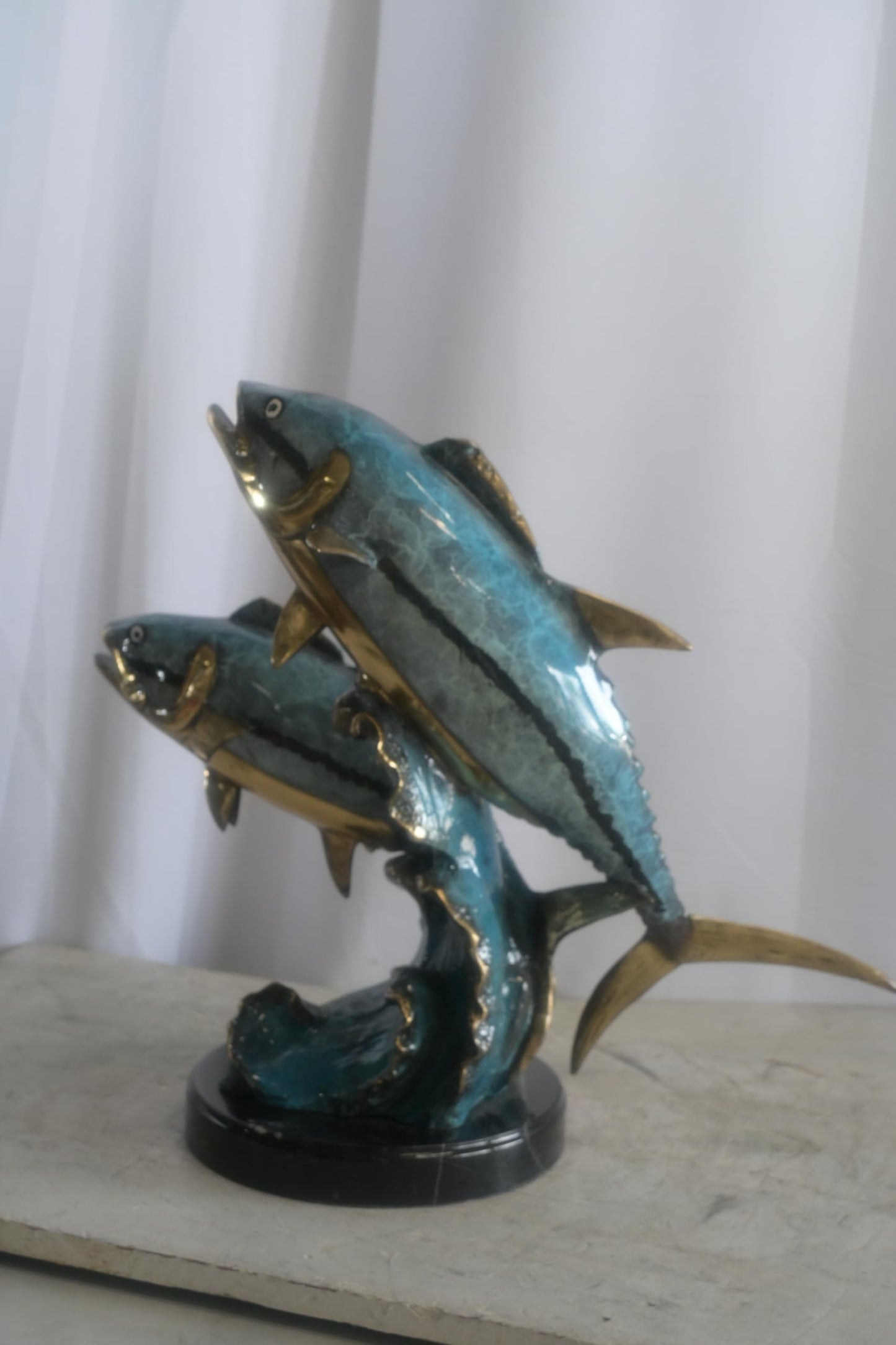 Bronze Dual Tuna Fish Sculpture on Marble Base 24"x16"x21"H