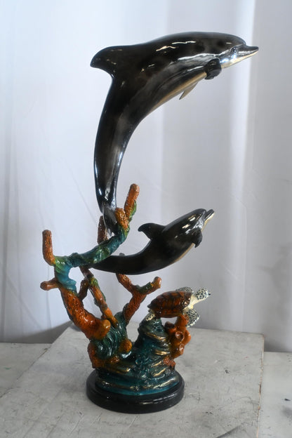 Two Dolphins with Sea Turtle on Coral Bronze Sculpture 18"x10"x29"H