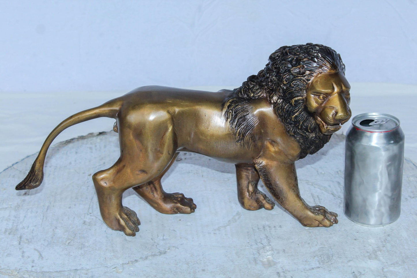 Small Bronze Lion Sculpture Walking Pose Animal Art 15" x 5" x 8"H