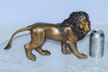Small Bronze Lion Sculpture Walking Pose Animal Art 15" x 5" x 8"H