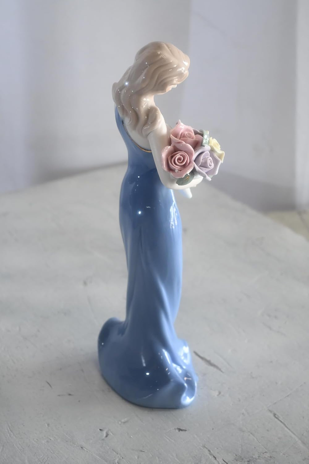 Porcelain Lady Blue Sleeveless Gown Holding Rose Bouquet 4"x3"x11"H