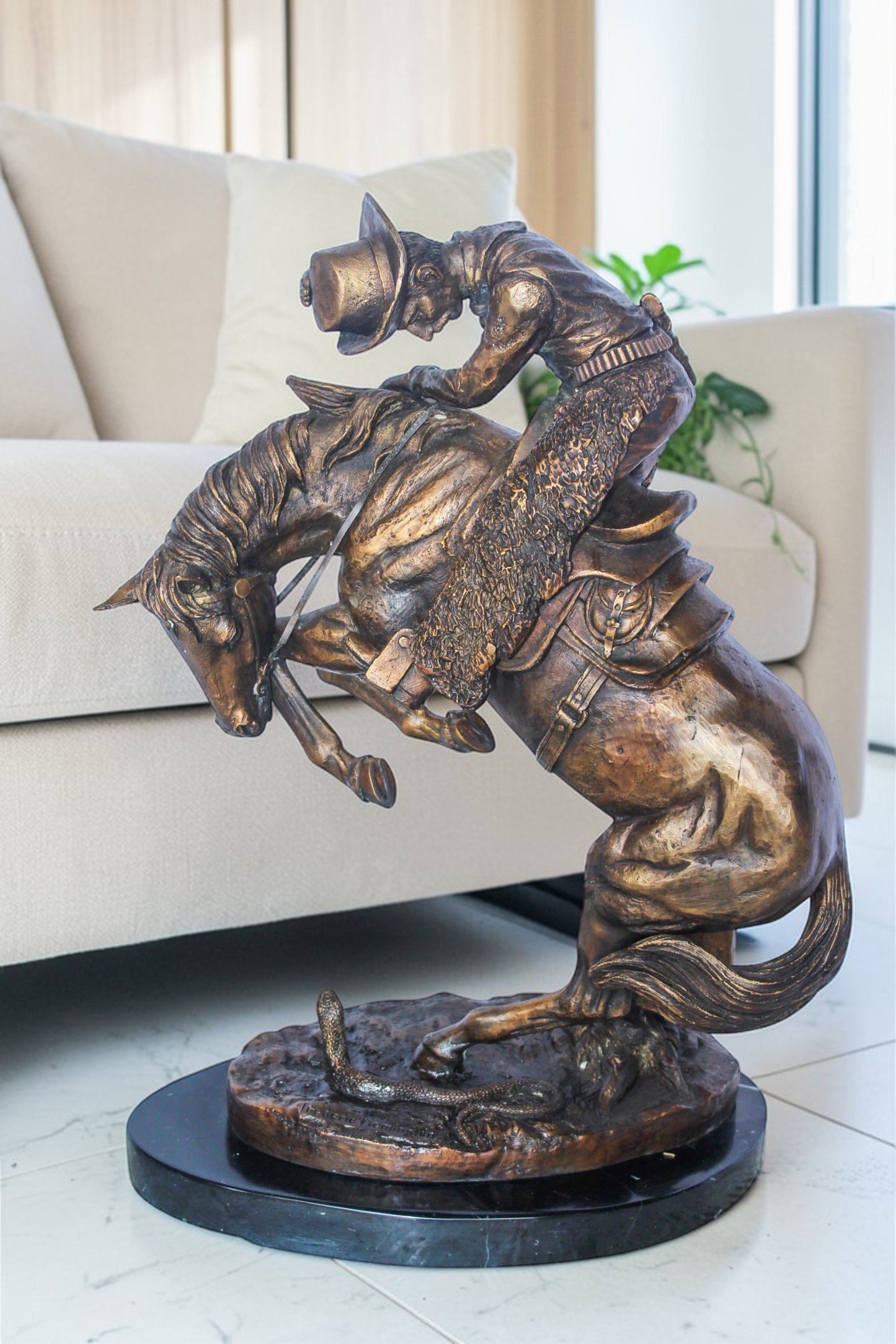 Rattle Snake Remington Replica Bronze Statue, Western Decor 15" x 10" x 22"H