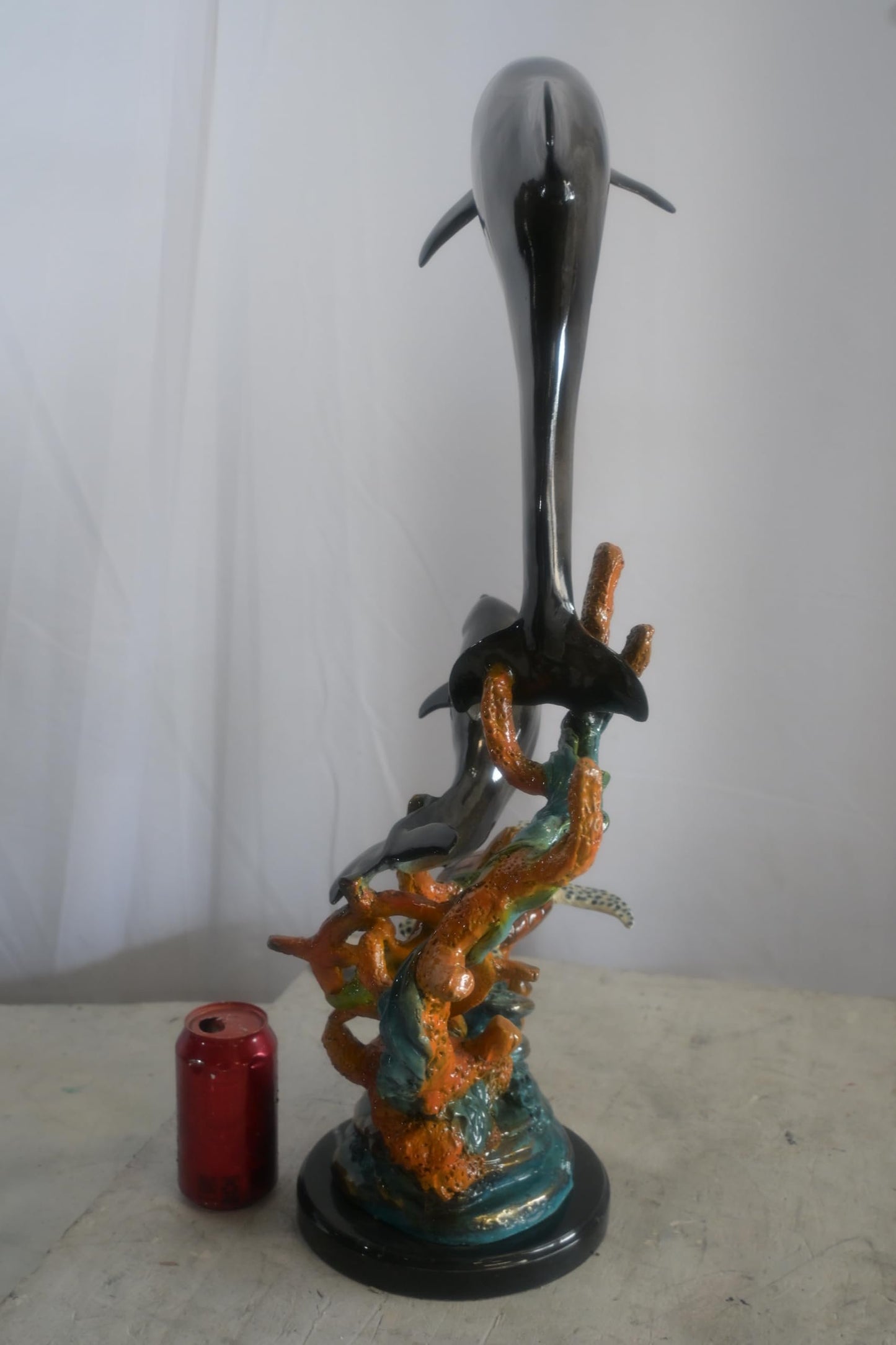 Bronze Dolphin Pair and Sea Turtle Coral Reef Sculpture 15"x9"x29"H