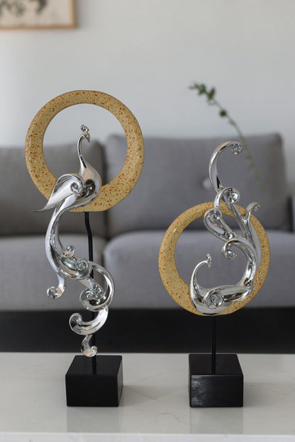 Set of Graceful Silver Finish Peacocks Resin Statue Size: 11" x 6" x 28"H