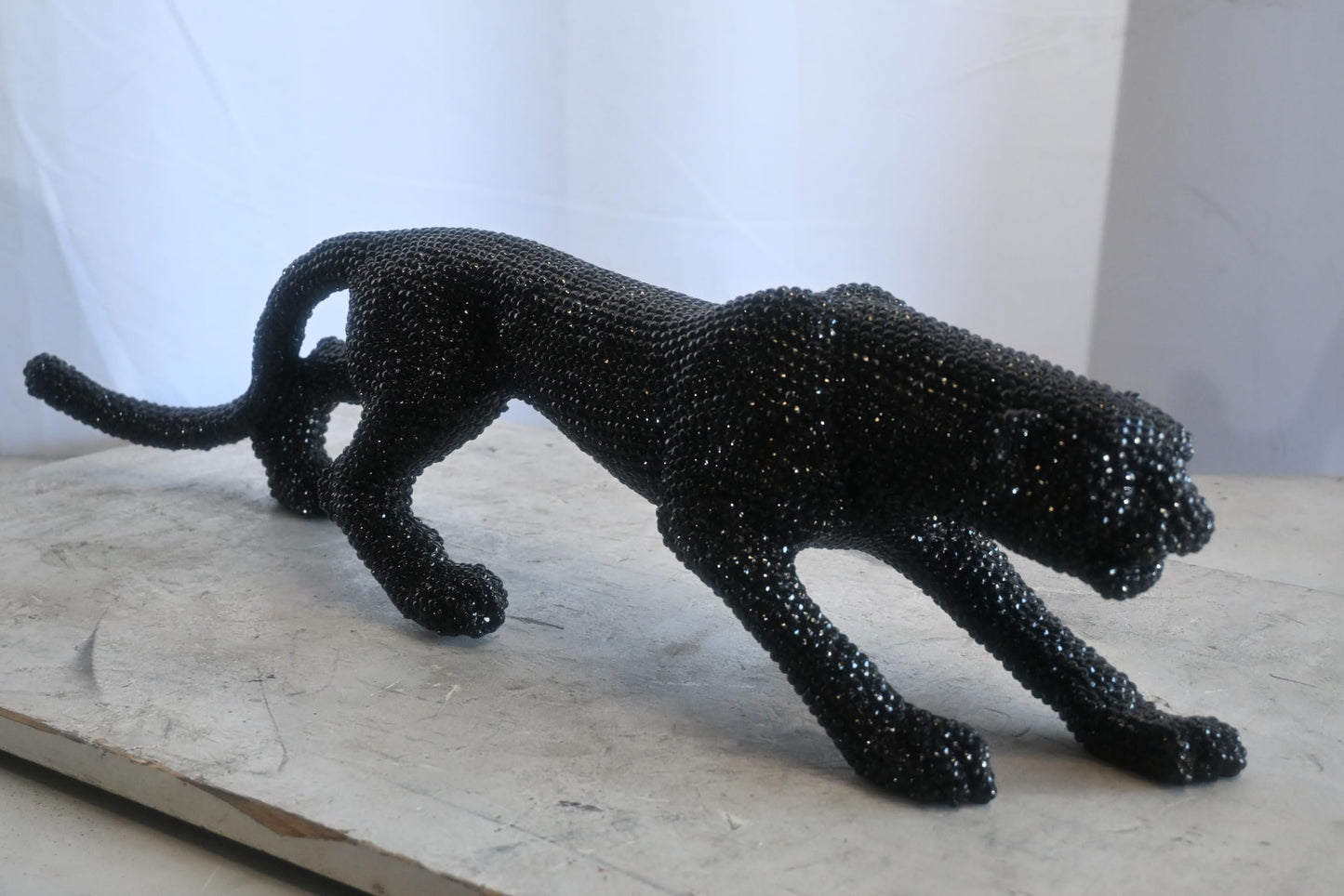 Black Crystal Beaded Panther Sculpture Prowling Resin Decor 29"x5"x7"H