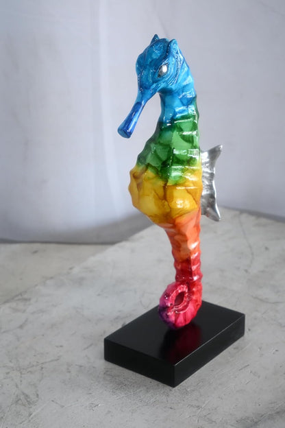 Blue to Red Rainbow Seahorse Statue Painted Aluminum Art 6"x4"x15"H